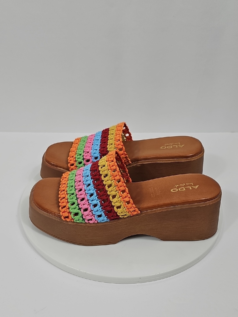 NIB Aldo Yassu Rainbow Crochet Platform Slide Sandals Crochet Multicolor Brown 7 - Picture 9 of 13